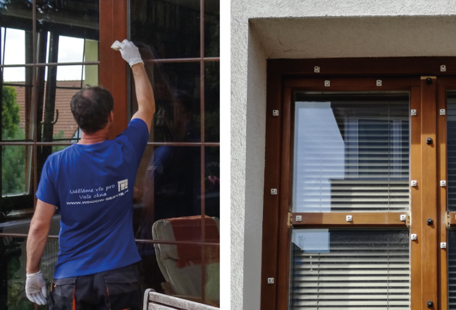 Příprava a oprava dřevěných oken před instalací hliníkového opláštění.