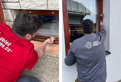 Příprava a oprava dřevěných oken před instalací hliníkového opláštění.